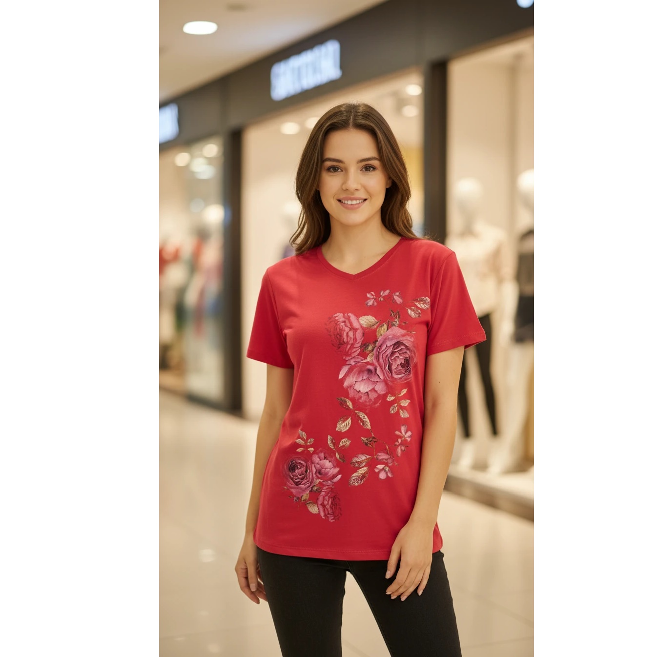 تیشرت زنانه طرح گل رز با تن‌خور لطیف و خنک کد S20 سرخابی